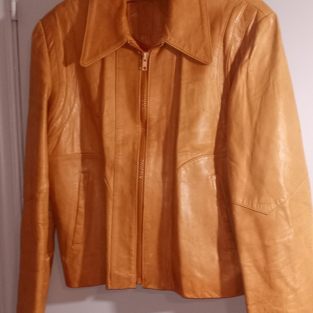 Vintage 1980s Camel Leather Jacket | Unisex | Orange Satin Lined | Soft & Broken